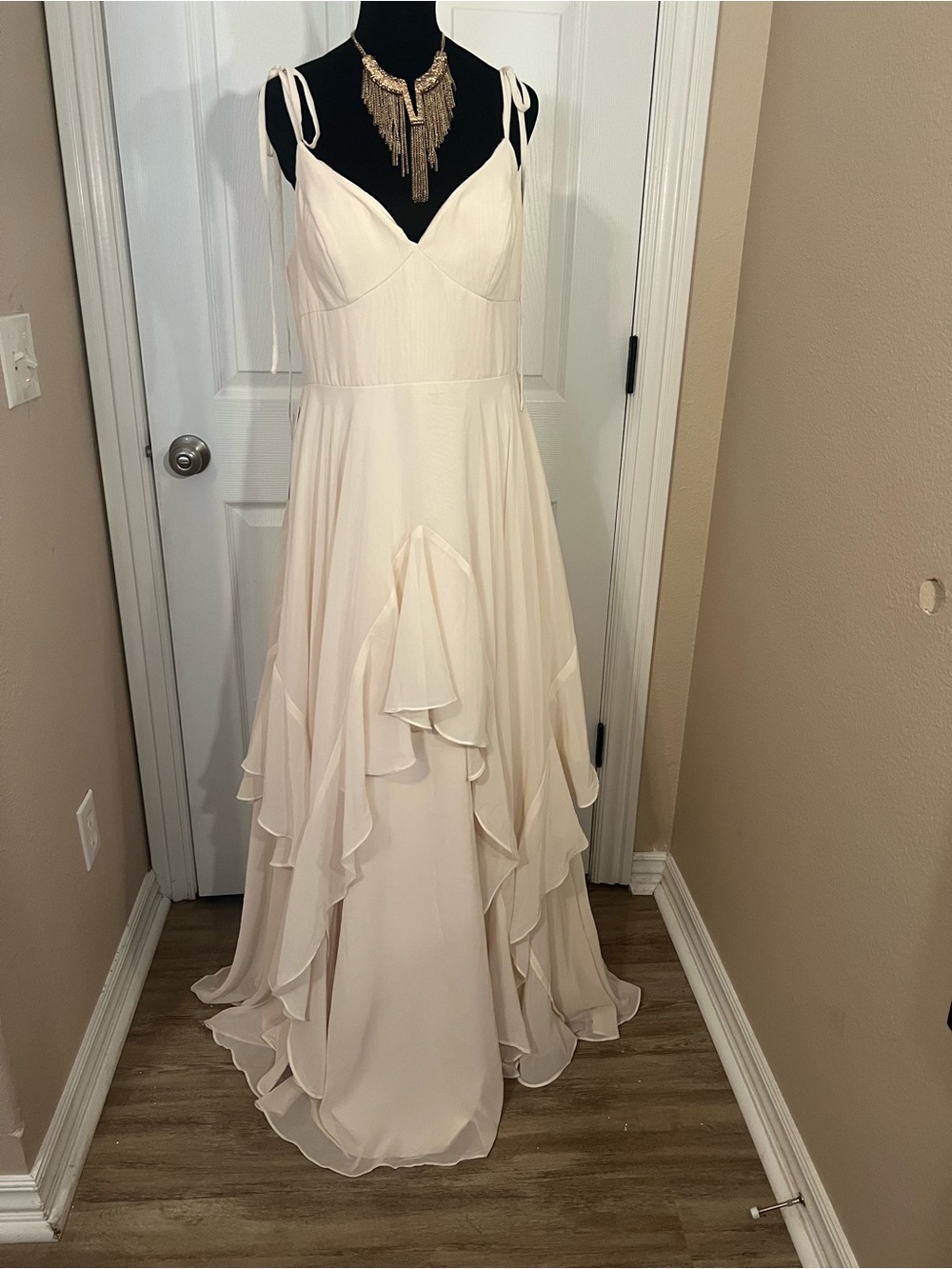 Azazie Cream Chiffon Ruffled Maxi Dress